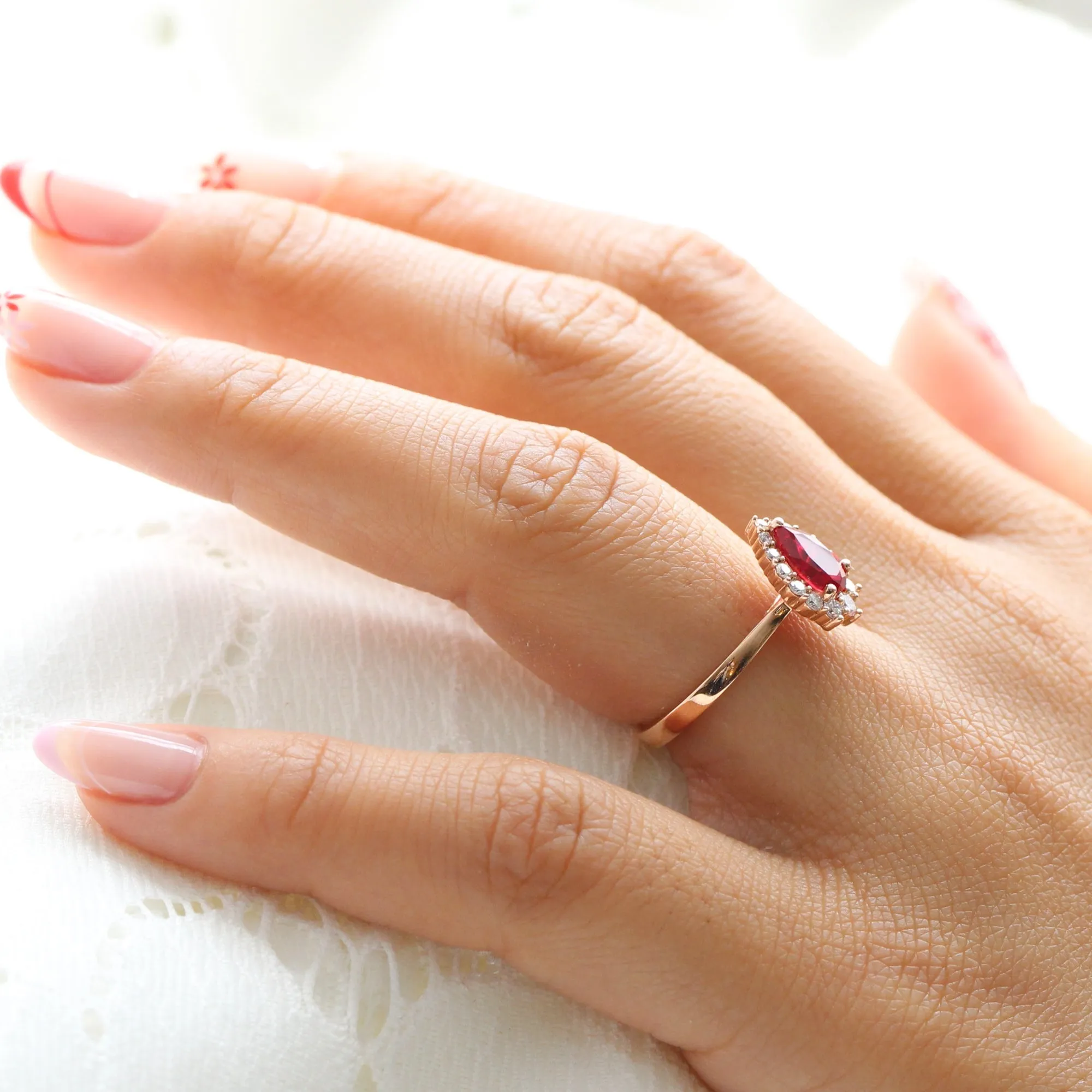 Pear Ruby Engagement Ring in Tiara Halo Diamond Tapered Band