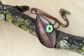 Peridot and Copper Guava Leaf Necklace | Electroformed Leaf Jewelry | Forest Necklace