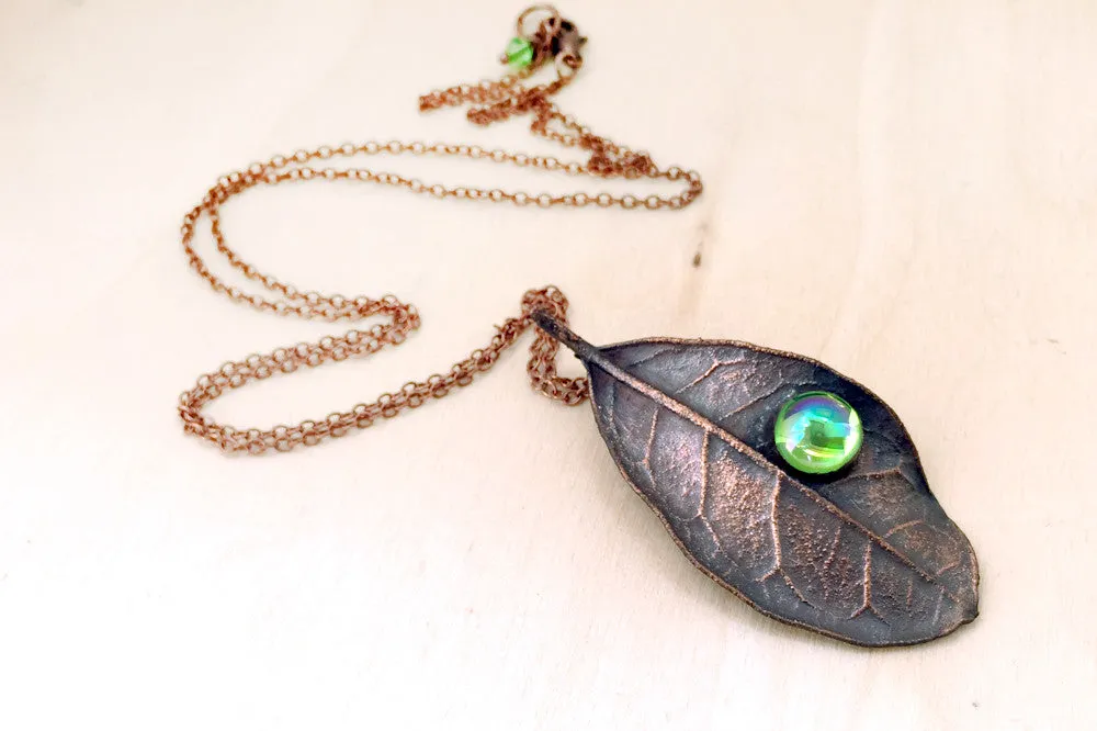 Peridot and Copper Guava Leaf Necklace | Electroformed Leaf Jewelry | Forest Necklace