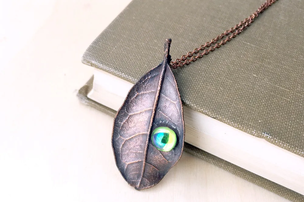 Peridot and Copper Guava Leaf Necklace | Electroformed Leaf Jewelry | Forest Necklace