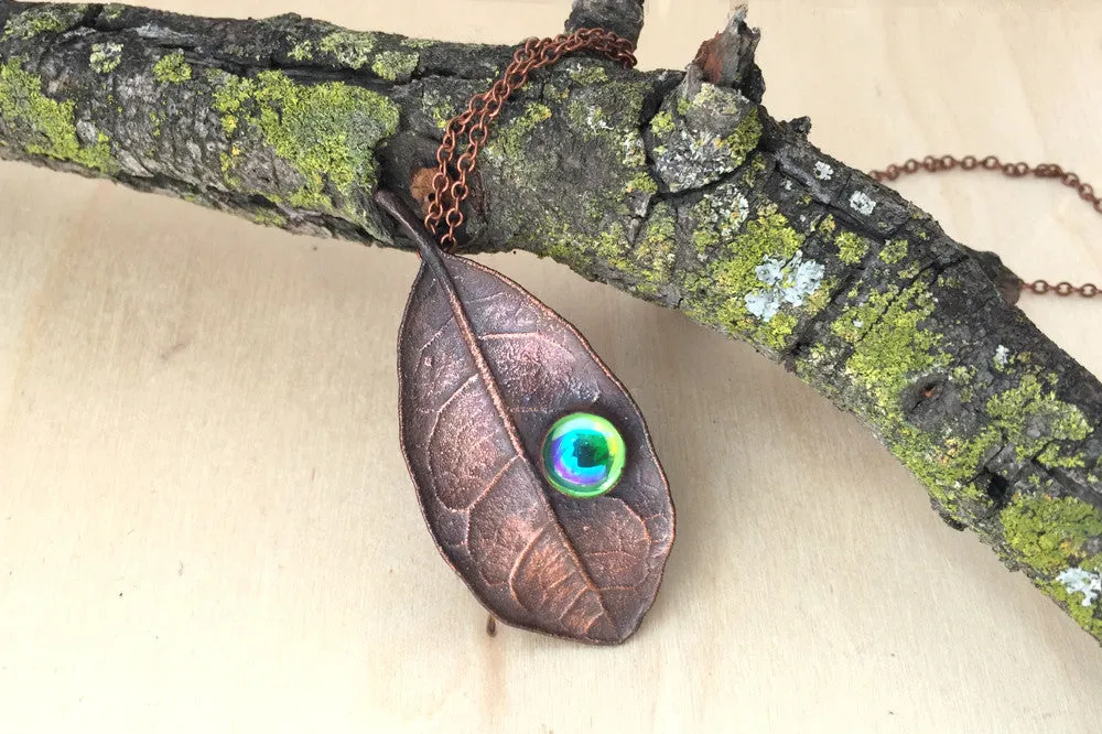 Peridot and Copper Guava Leaf Necklace | Electroformed Leaf Jewelry | Forest Necklace