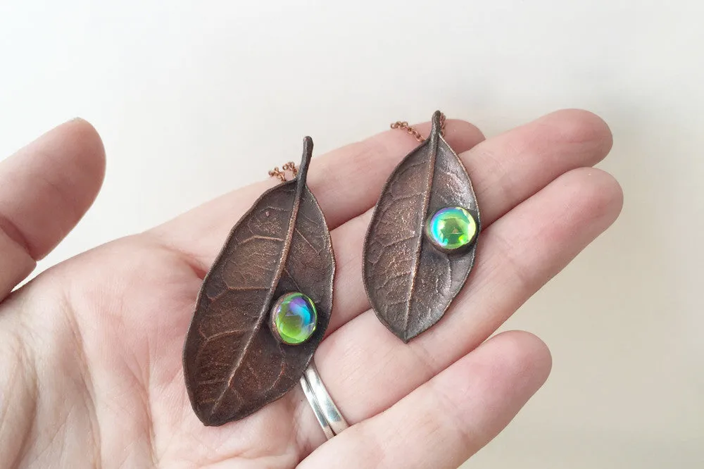 Peridot and Copper Guava Leaf Necklace | Electroformed Leaf Jewelry | Forest Necklace