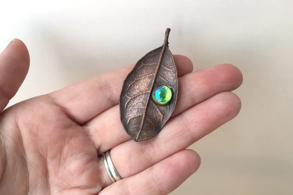 Peridot and Copper Guava Leaf Necklace | Electroformed Leaf Jewelry | Forest Necklace