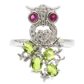 Petite Green Peridot Pink Tourmaline CZ Owl Ring Size 9