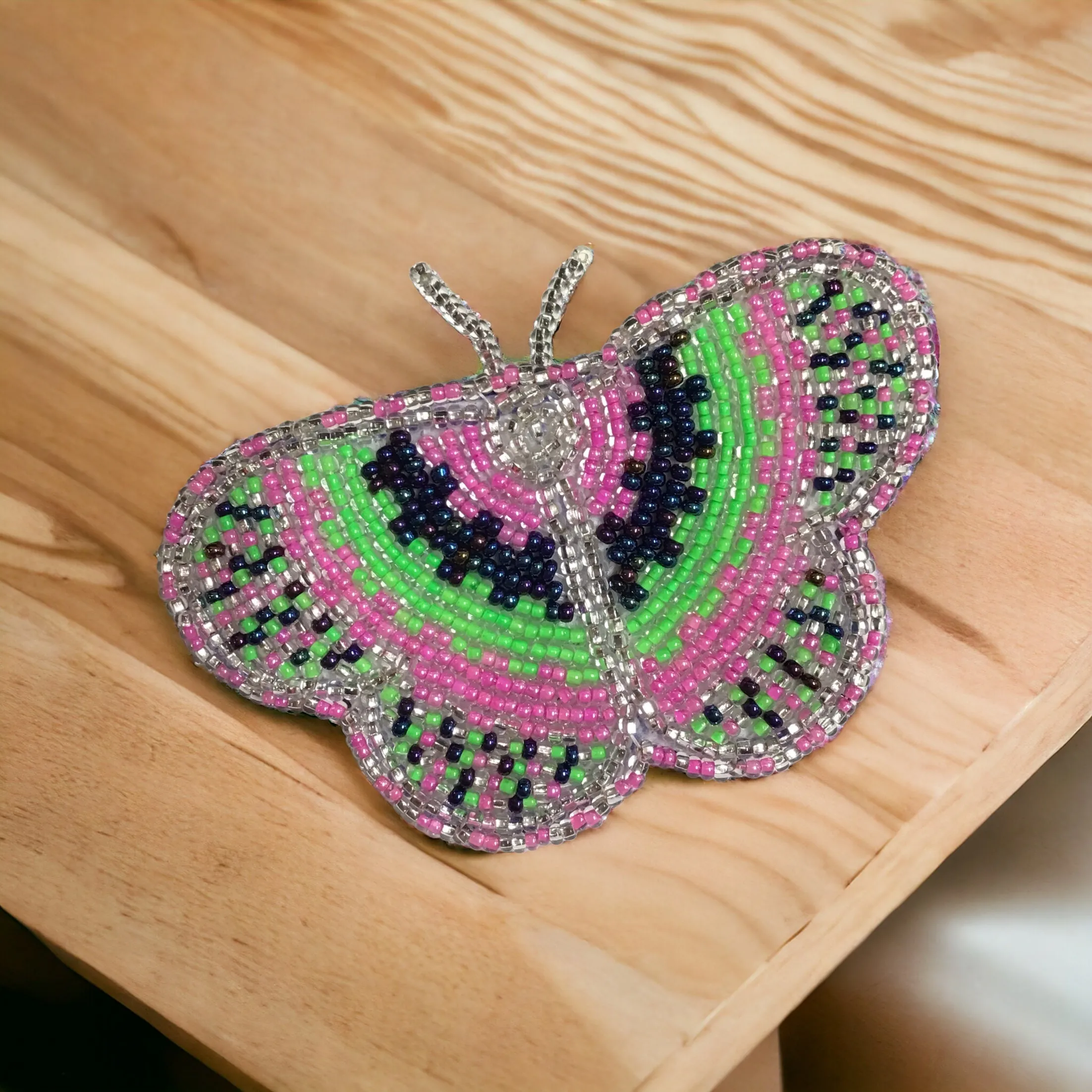 Pink and Green Butterfly Beaded Barrette