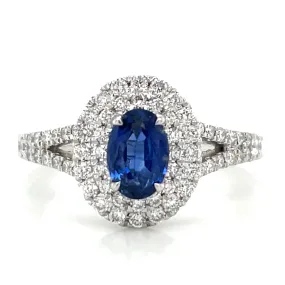 Platinum Oval Cut 0.60ct Sapphire Double Diamond Halo Ring with Split Shank Shoulders