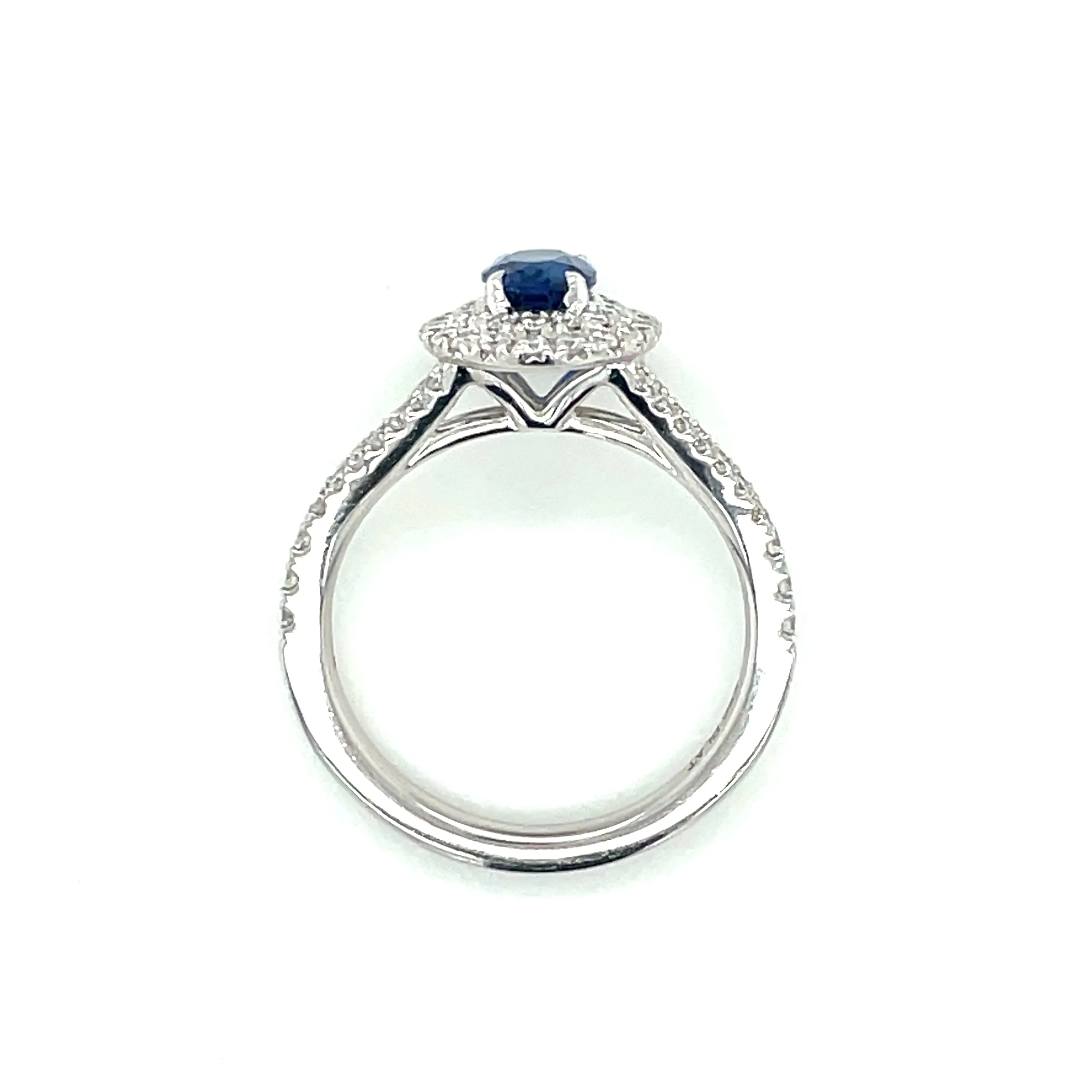 Platinum Oval Cut 0.60ct Sapphire Double Diamond Halo Ring with Split Shank Shoulders