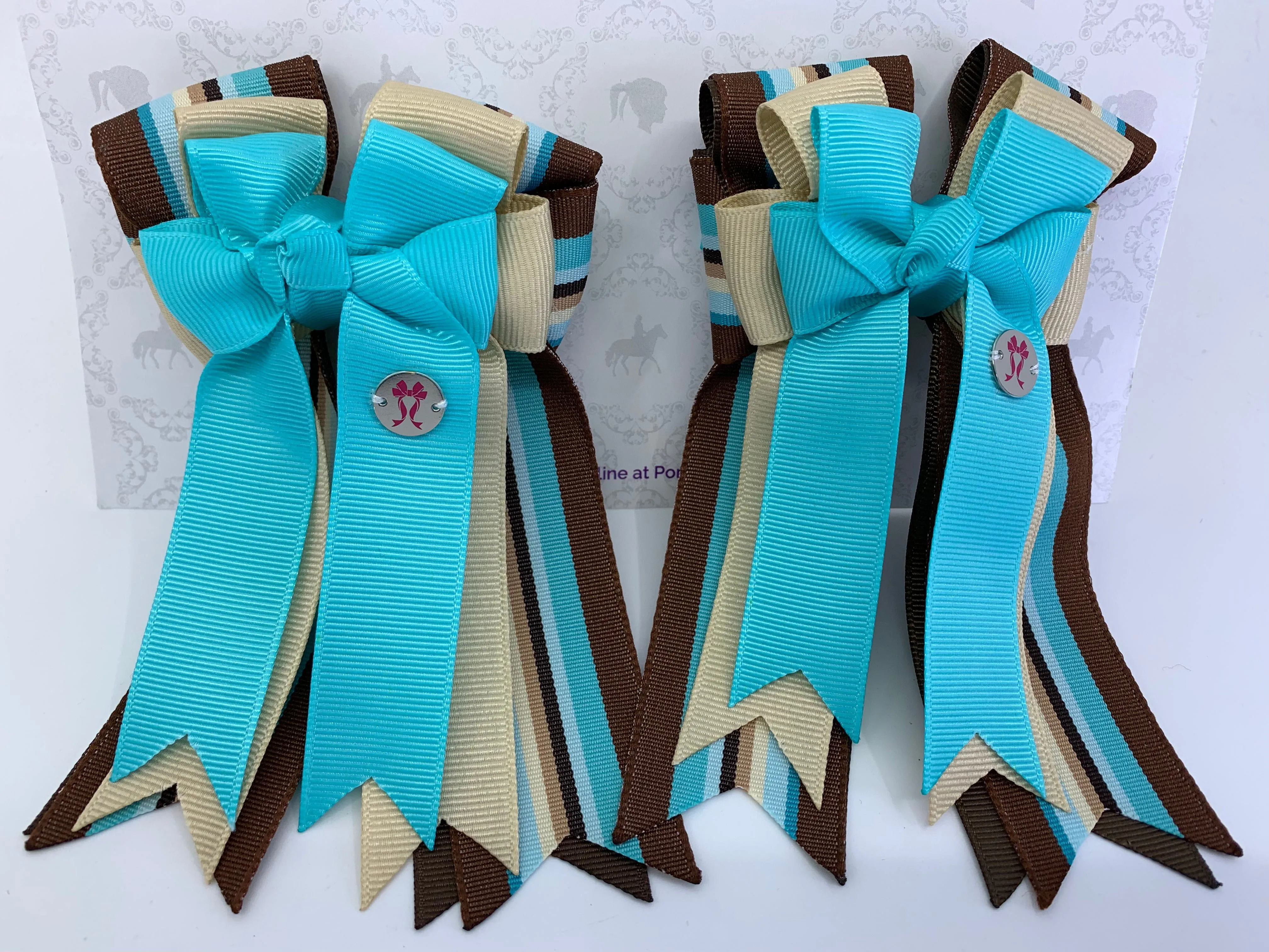 PonyTail Bows- Aqua Khaki Stripes