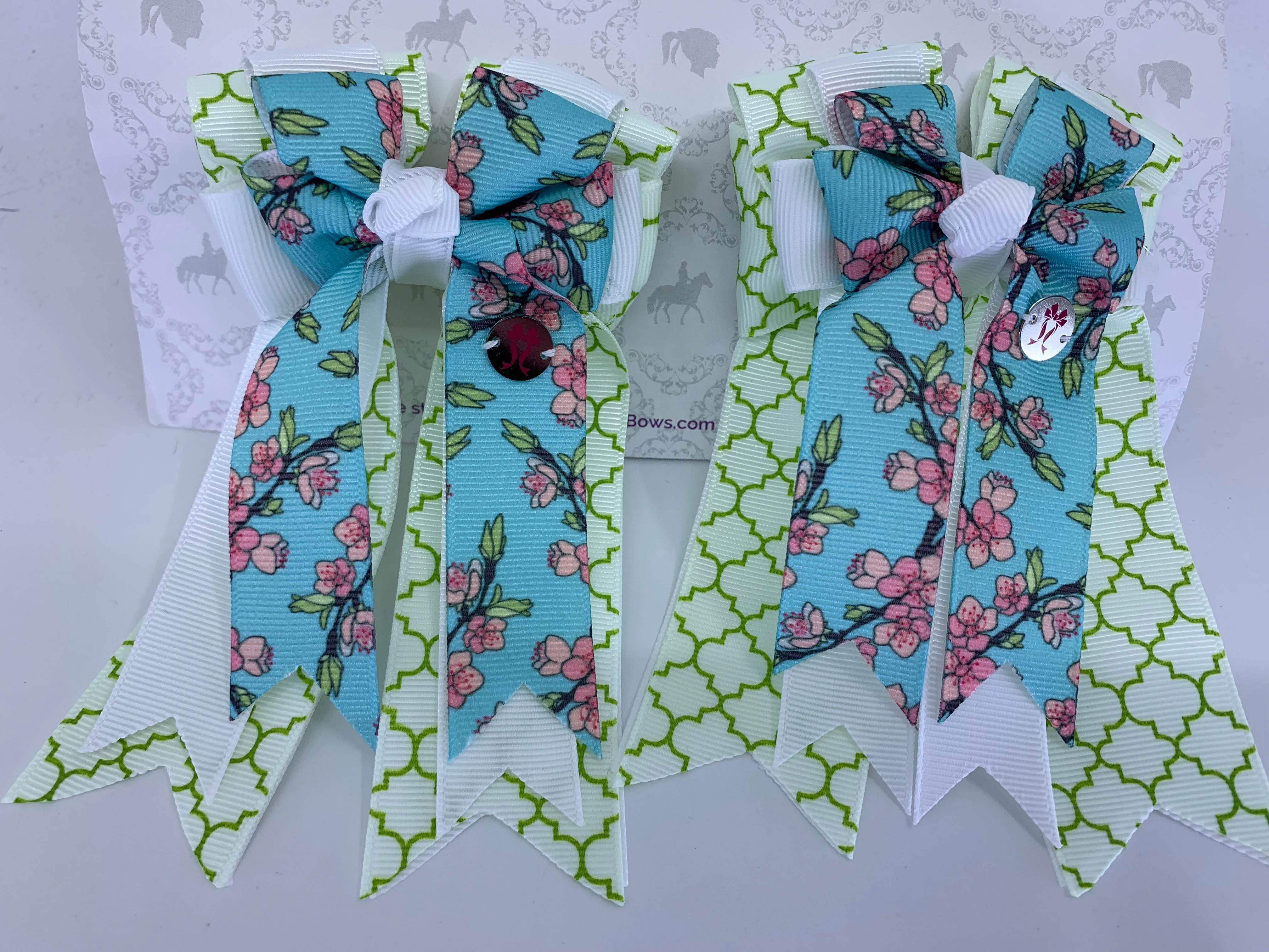 PonyTail Bows- Cherry Blossoms Green Victorian Motifs