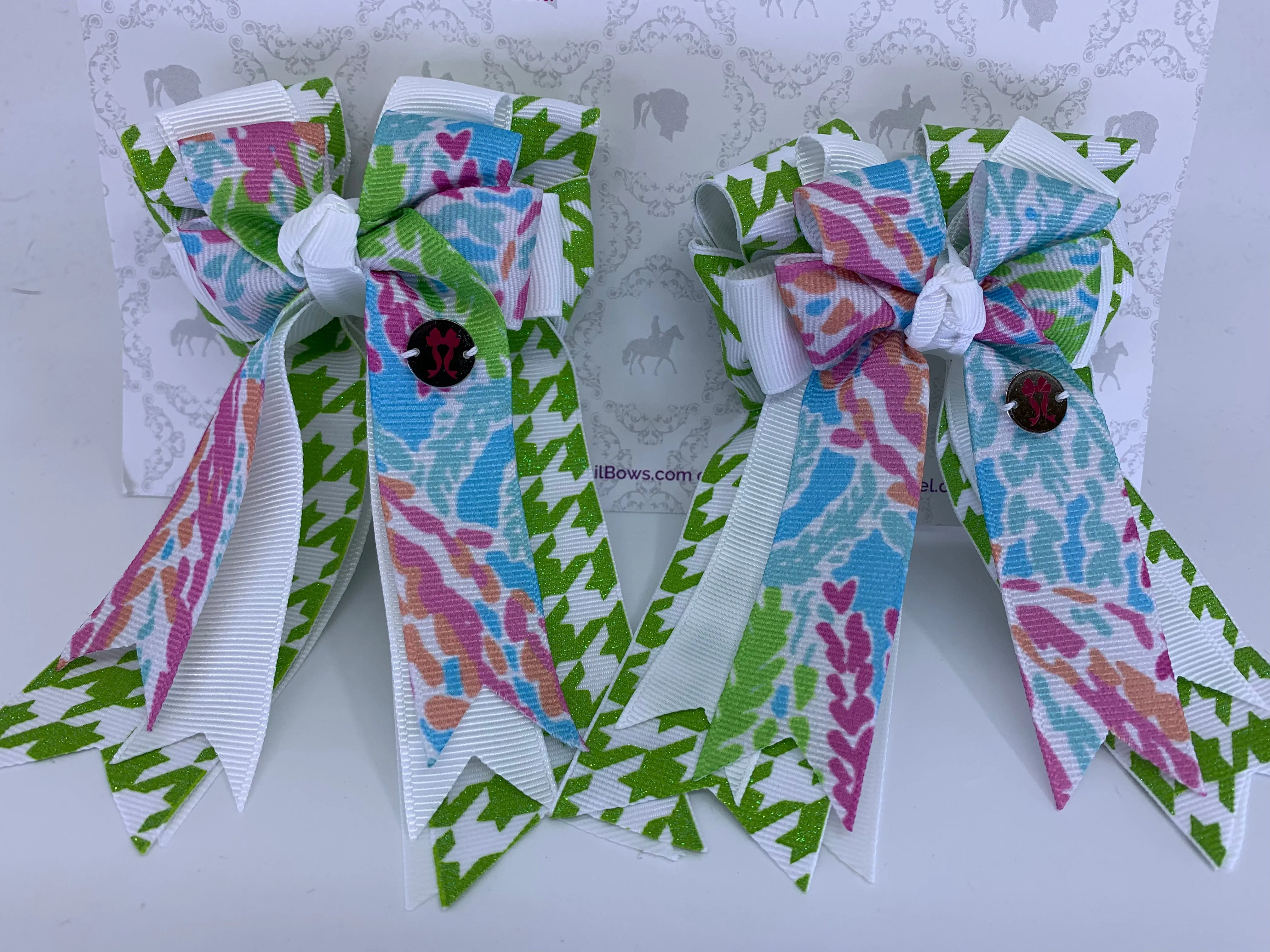 PonyTail Bows- Coral Reef/Green Houndstooth