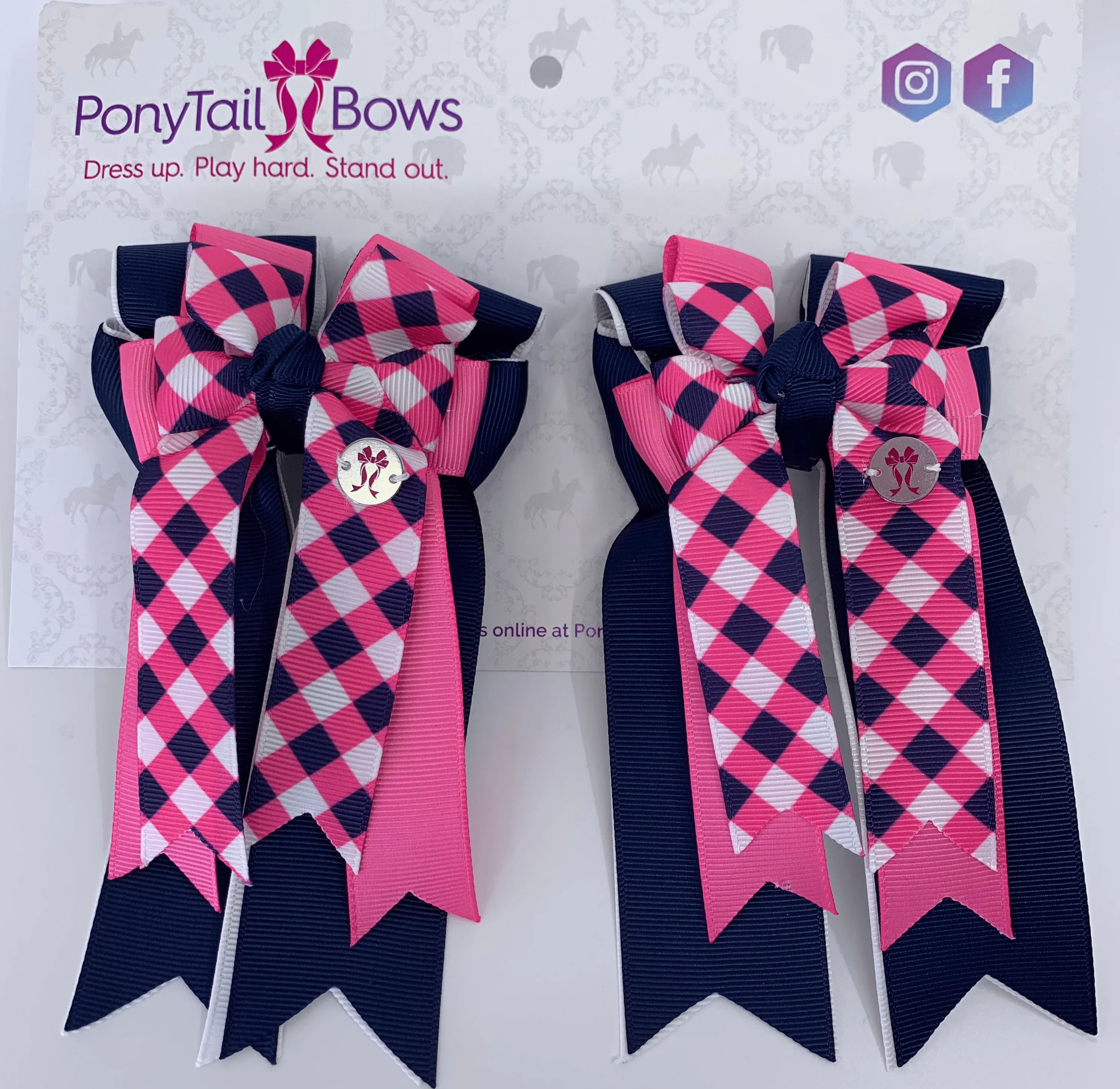 PonyTail Bows- Navy Pink Plaid