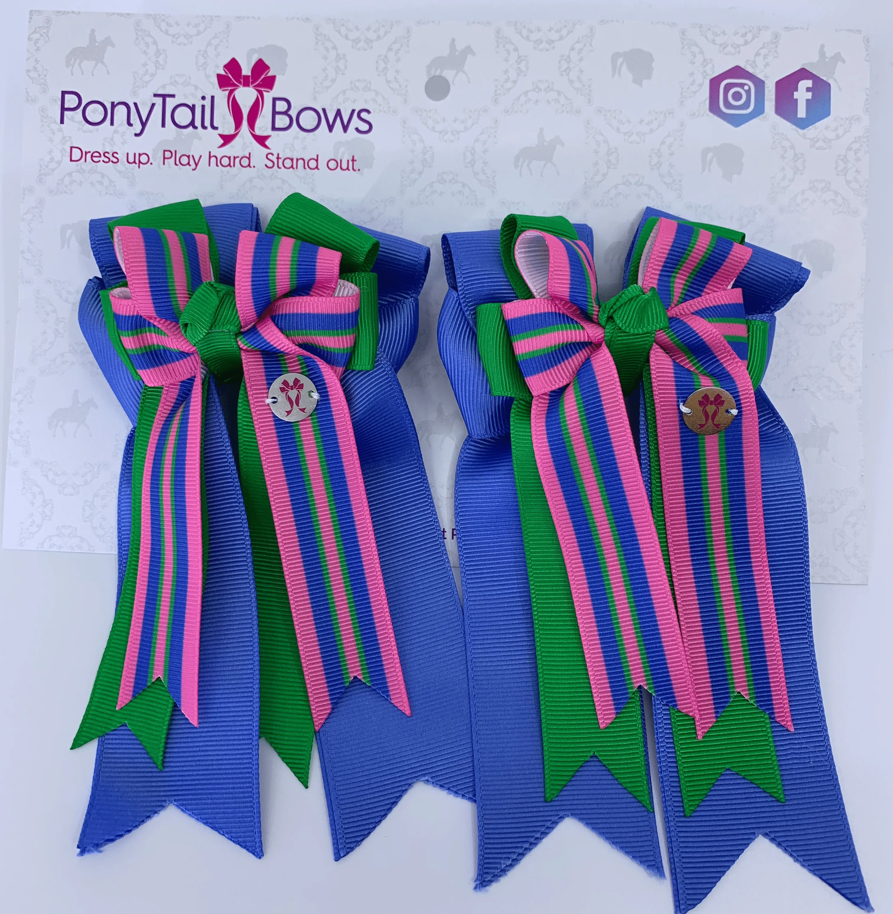 PonyTail Bows- Pink Stripe Green Blue