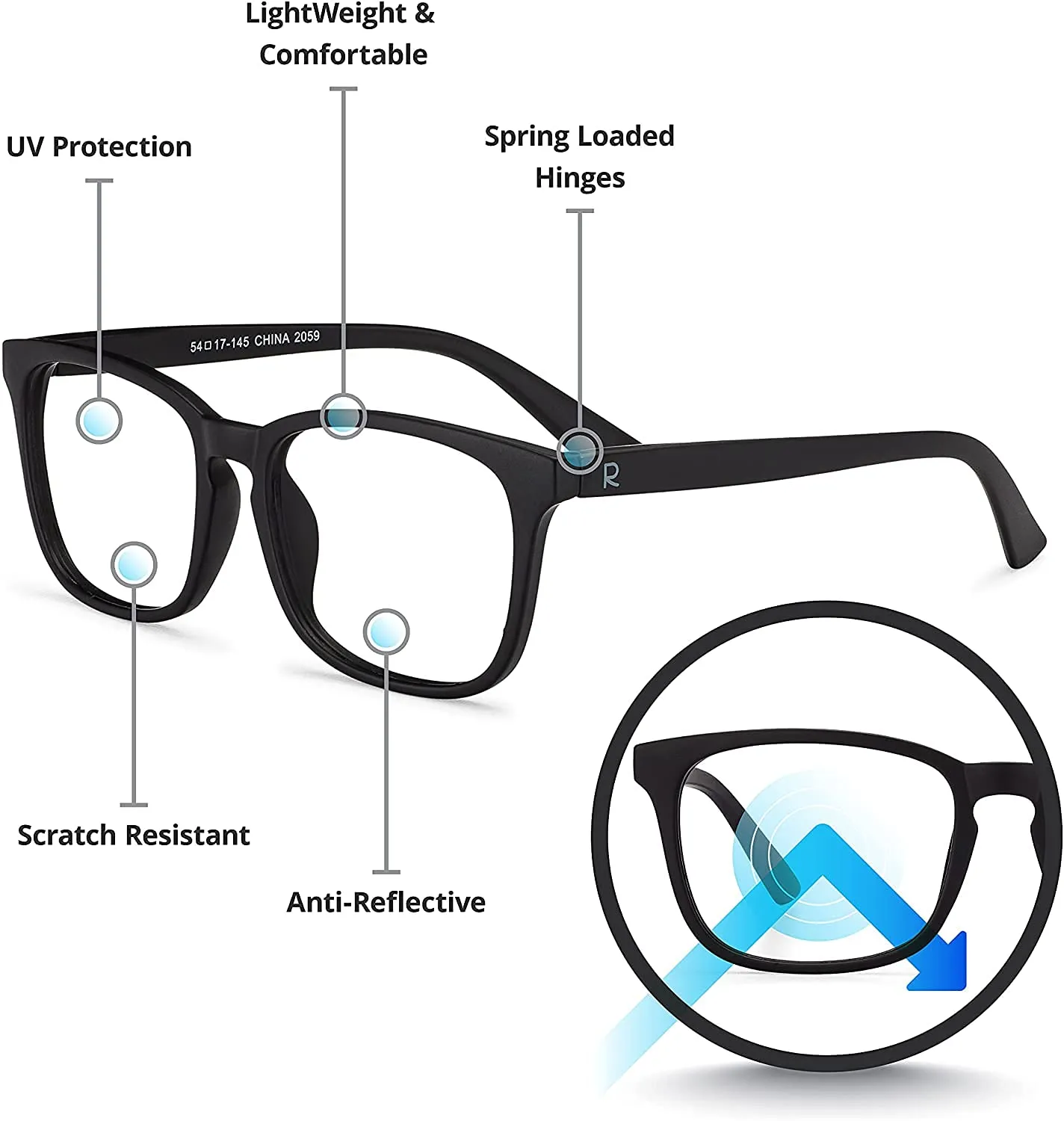 Readerest Blue Light Blocking Reading Glasses (Black, 0.25 Magnification) Computer