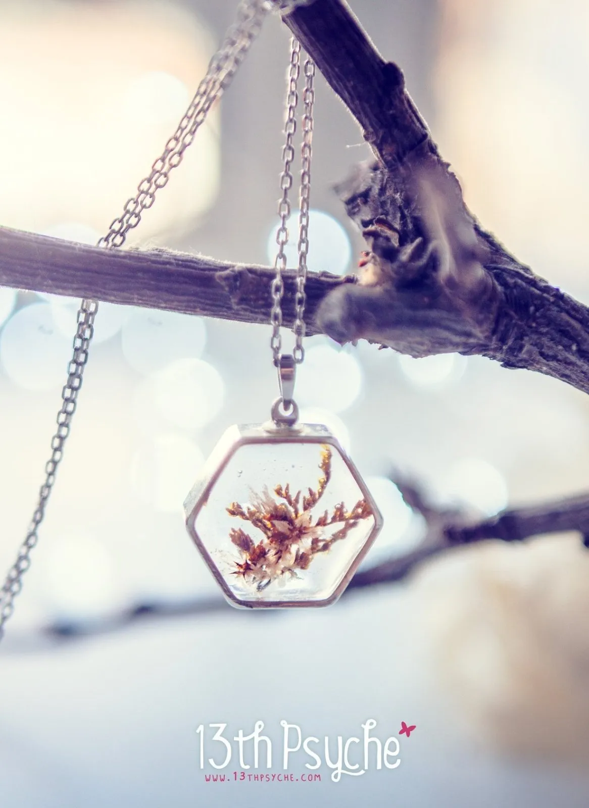 Real dried flower hexagon pendant necklace