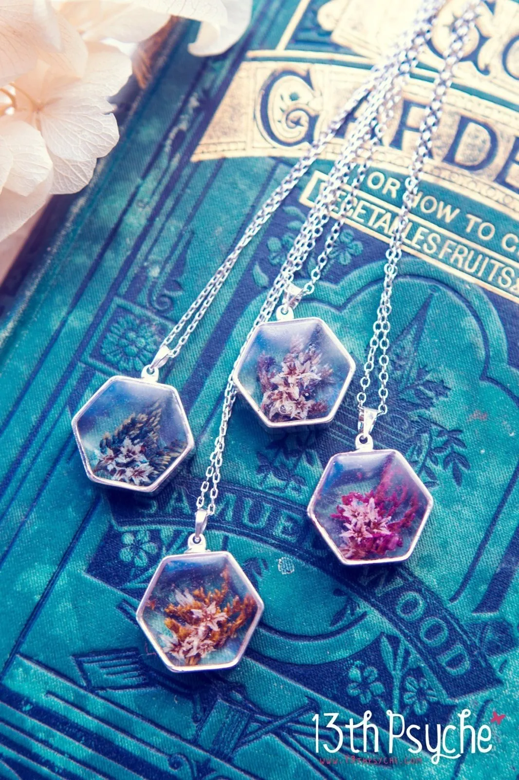 Real dried flower hexagon pendant necklace