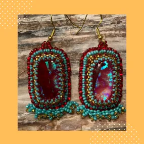 Red, Turquoise and Gold Beaded Earrings