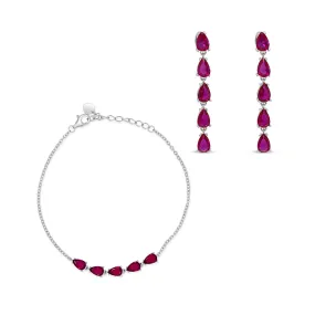 REDDISH PINK LINE OF PEARS BRACELET & STUD EARRING HALF SILVER SET