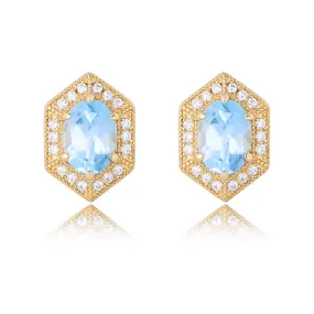 Retro Natural Blue Topaz Soleste Halo Silver Studs Earrings for Women