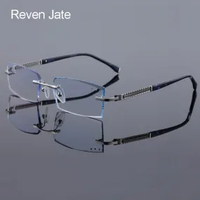 Reven Jate 58130 Pure Titanium Rimless Diamond Cutting Man Glasses Frame Eyeglasses (Black)