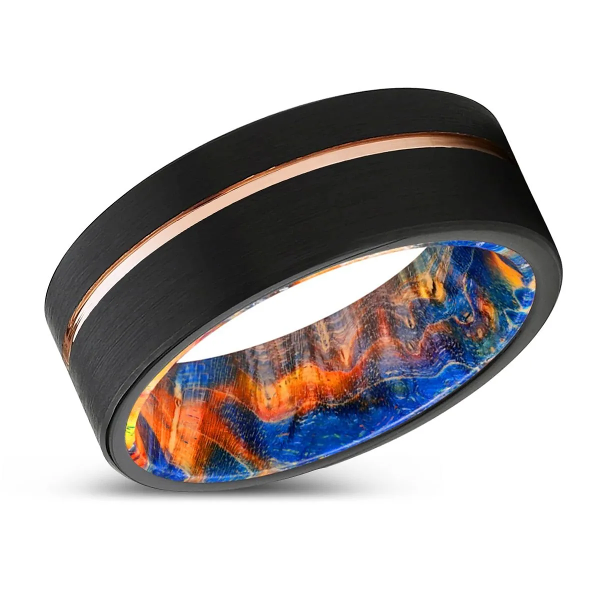 REVOLT | Blue & Yellow/Orange Wood, Black Tungsten Ring, Rose Gold Offset Groove, Brushed, Flat