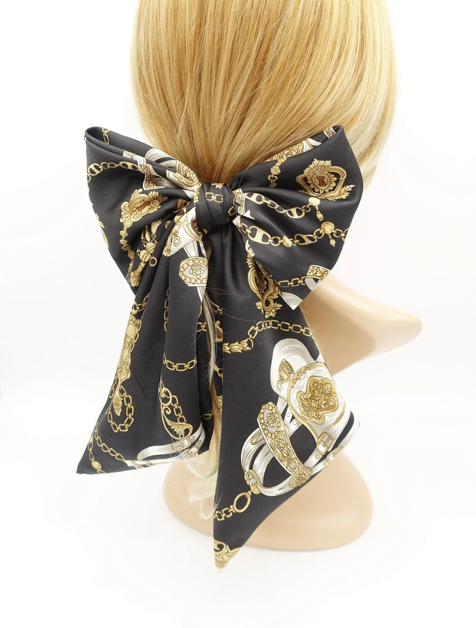 satin oversized hair bow chain print hair accessory for women