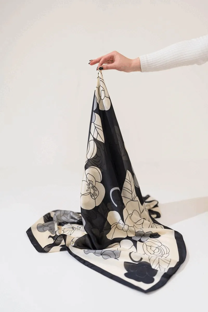 Silk Scarf in Black and White Floral Print