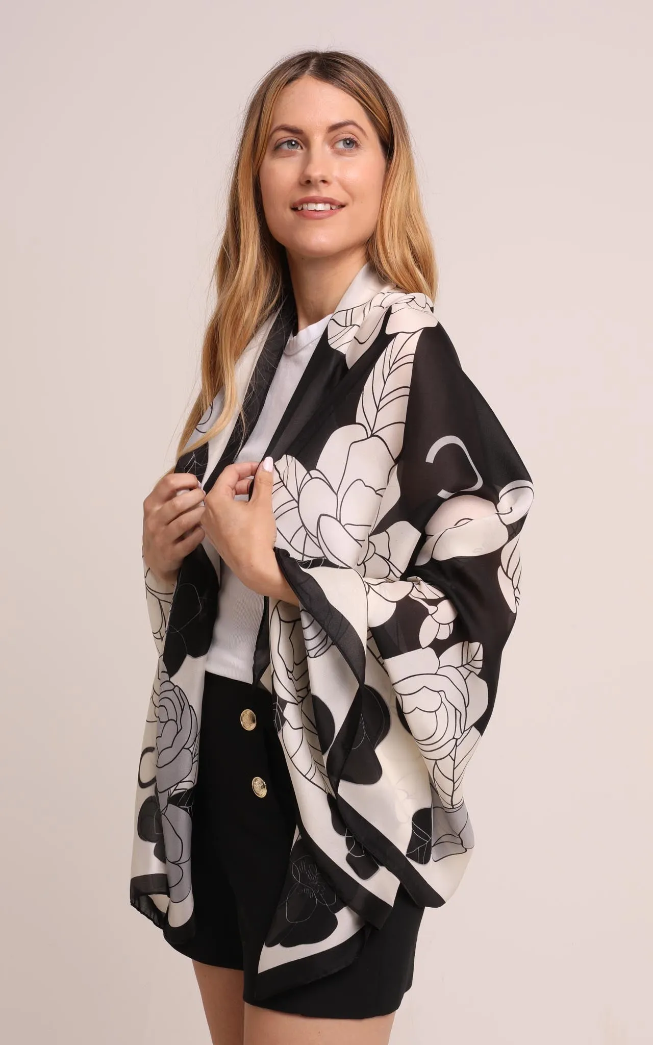 Silk Scarf in Black and White Floral Print