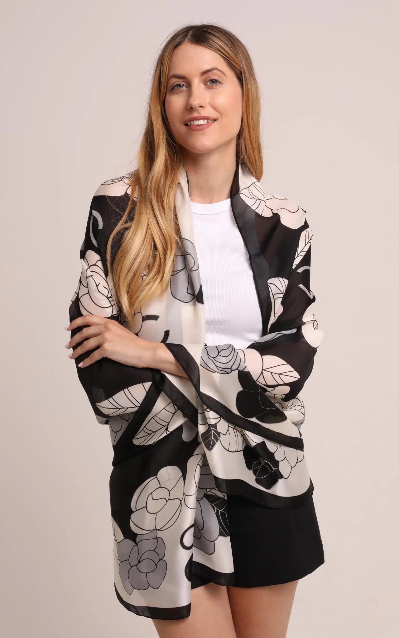 Silk Scarf in Black and White Floral Print