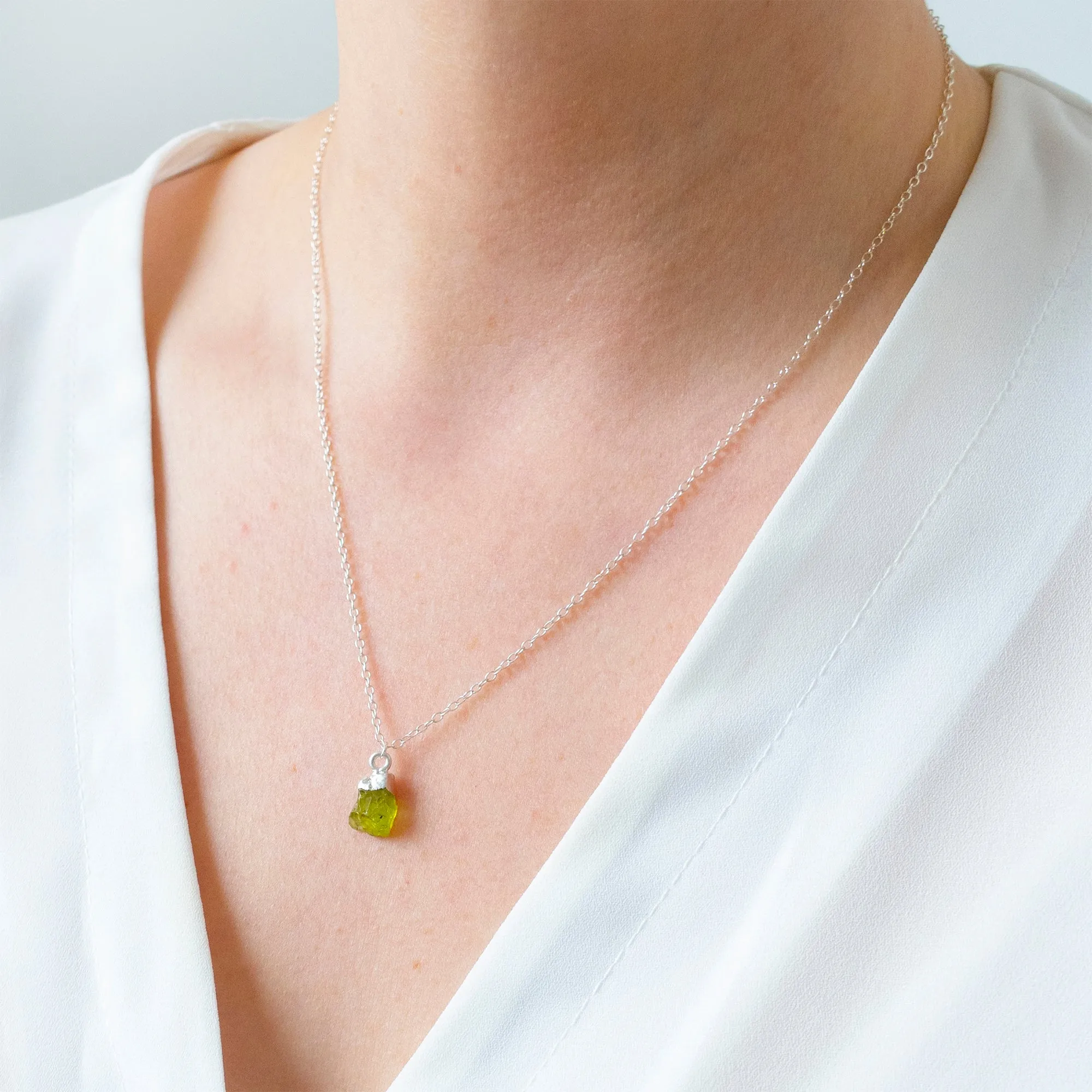 Silver Peridot Raw Crystal Necklace