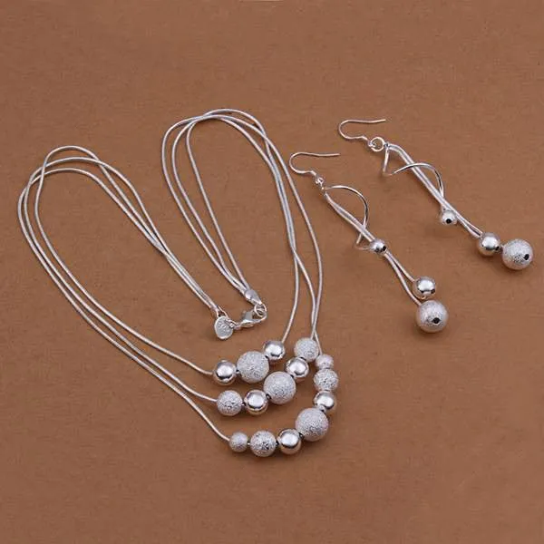 Silver plated Jewelry Set,silver Fashion Jewelry,Sand Light Bead Necklace Earring Two Piece Set