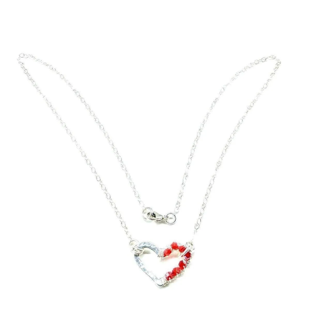 Silver Red Crystal Hammered Heart Necklace