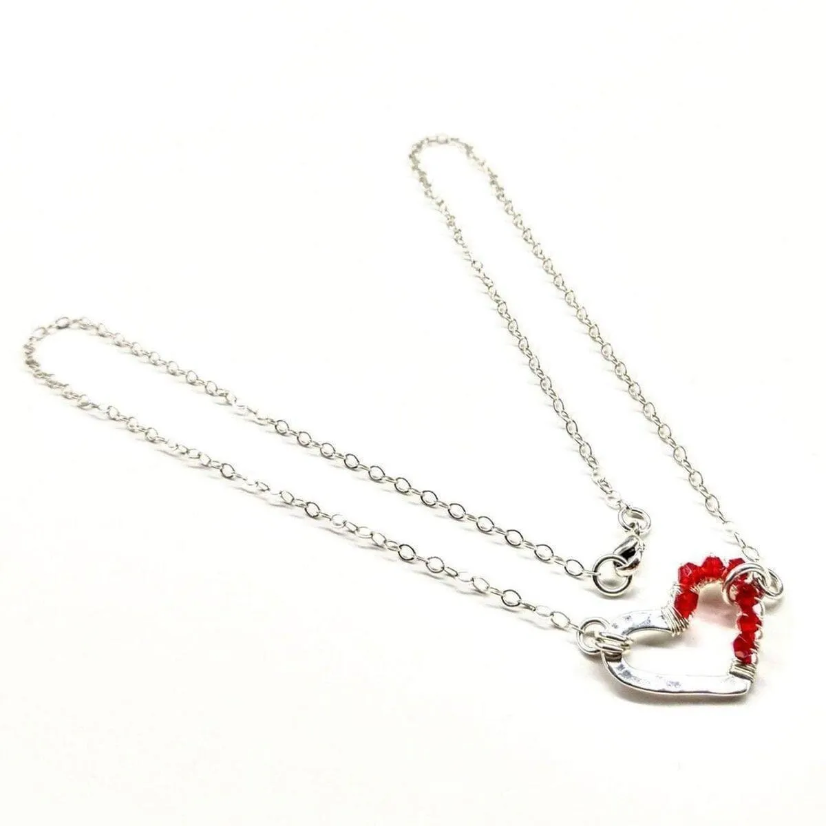 Silver Red Crystal Hammered Heart Necklace