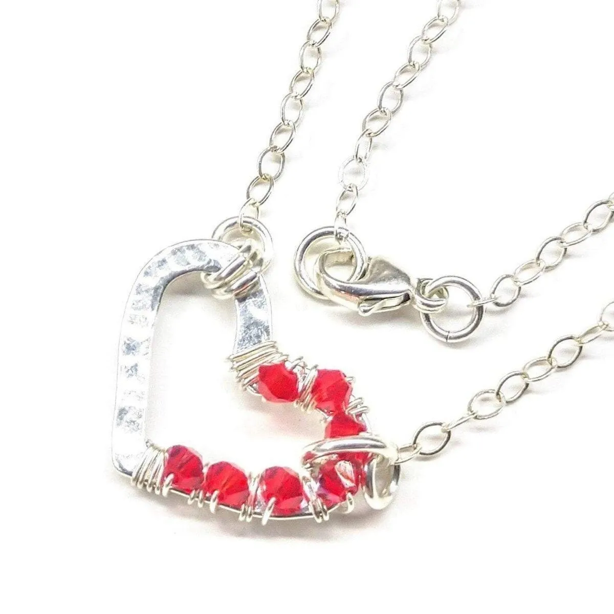 Silver Red Crystal Hammered Heart Necklace