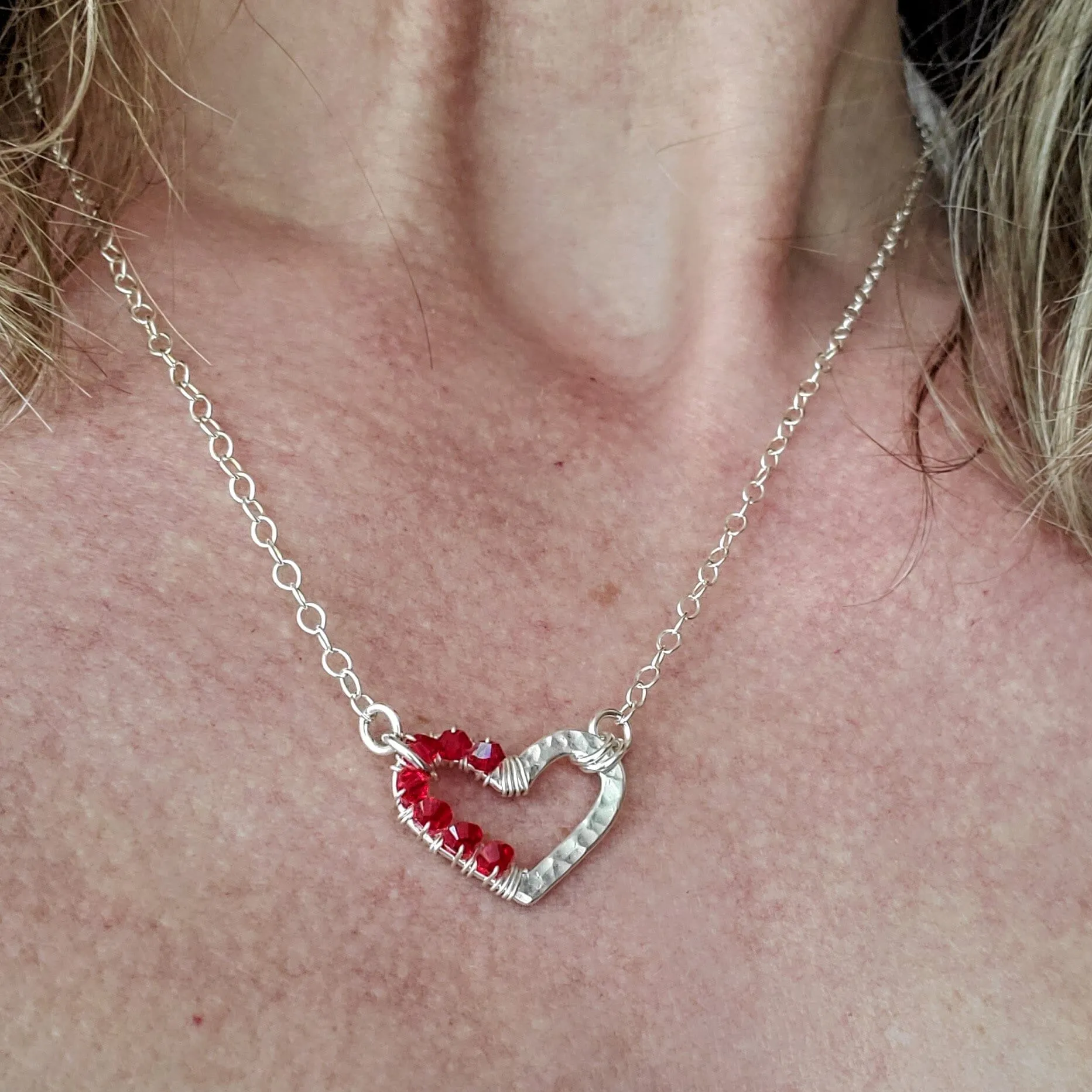 Silver Red Crystal Hammered Heart Necklace