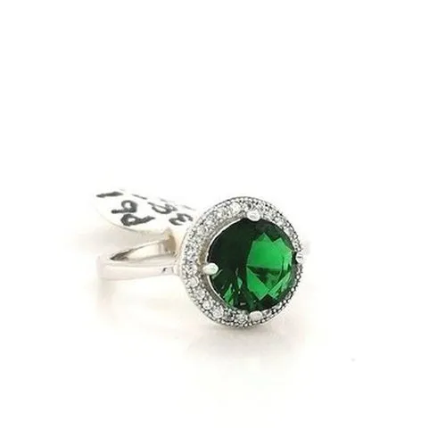 Silver Round Green CZ Halo Style Ring - Size L