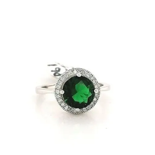 Silver Round Green CZ Halo Style Ring - Size L