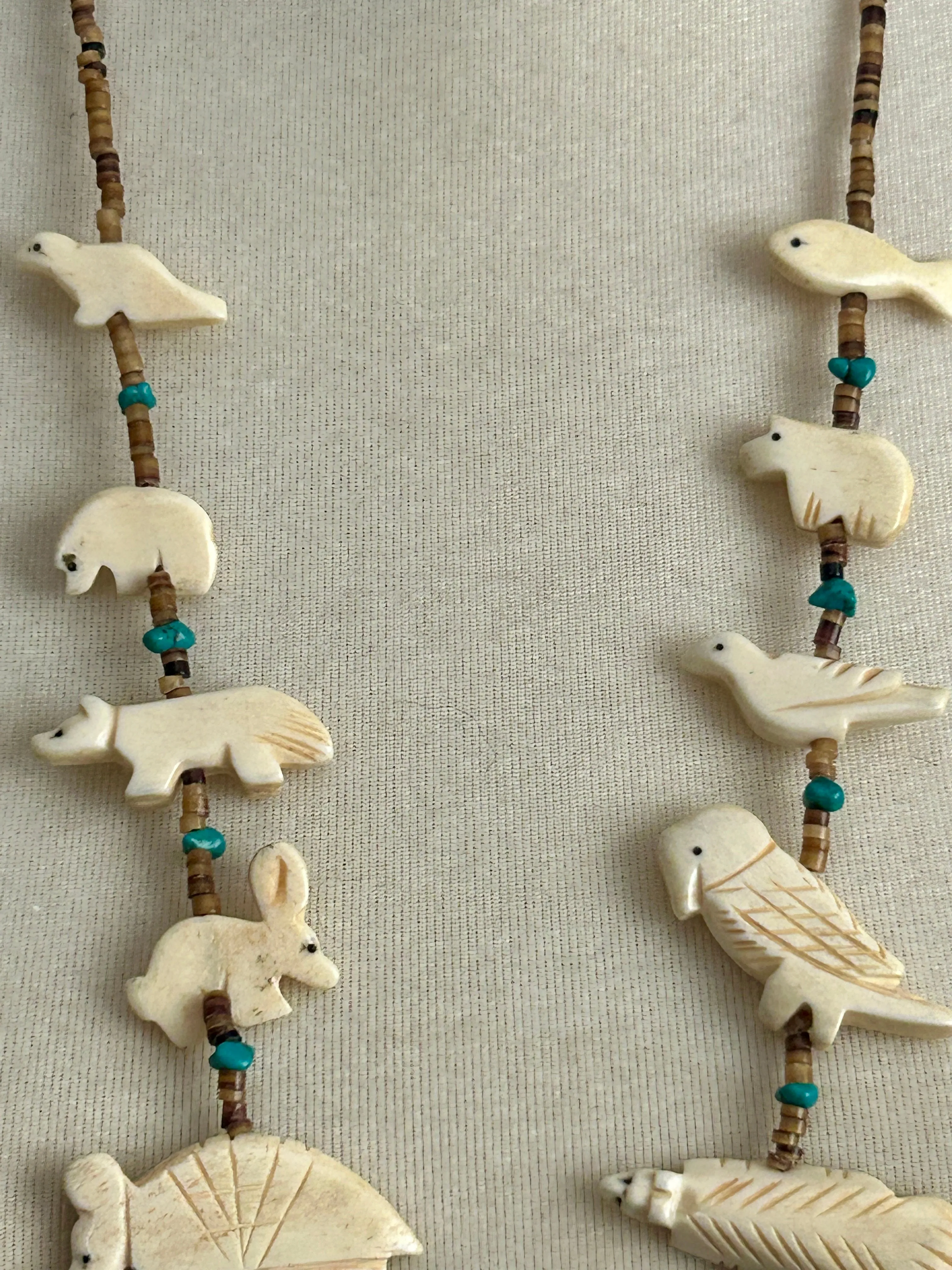 Silver Tone Turquoise Heishi Carved Animal Style Fetish Necklace