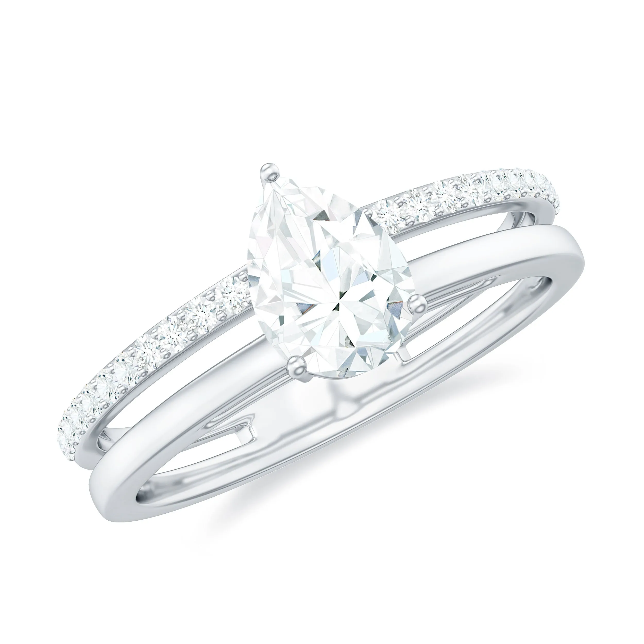 Simple Pear Shape Lab Grown Solitaire Engagement Double Band Ring