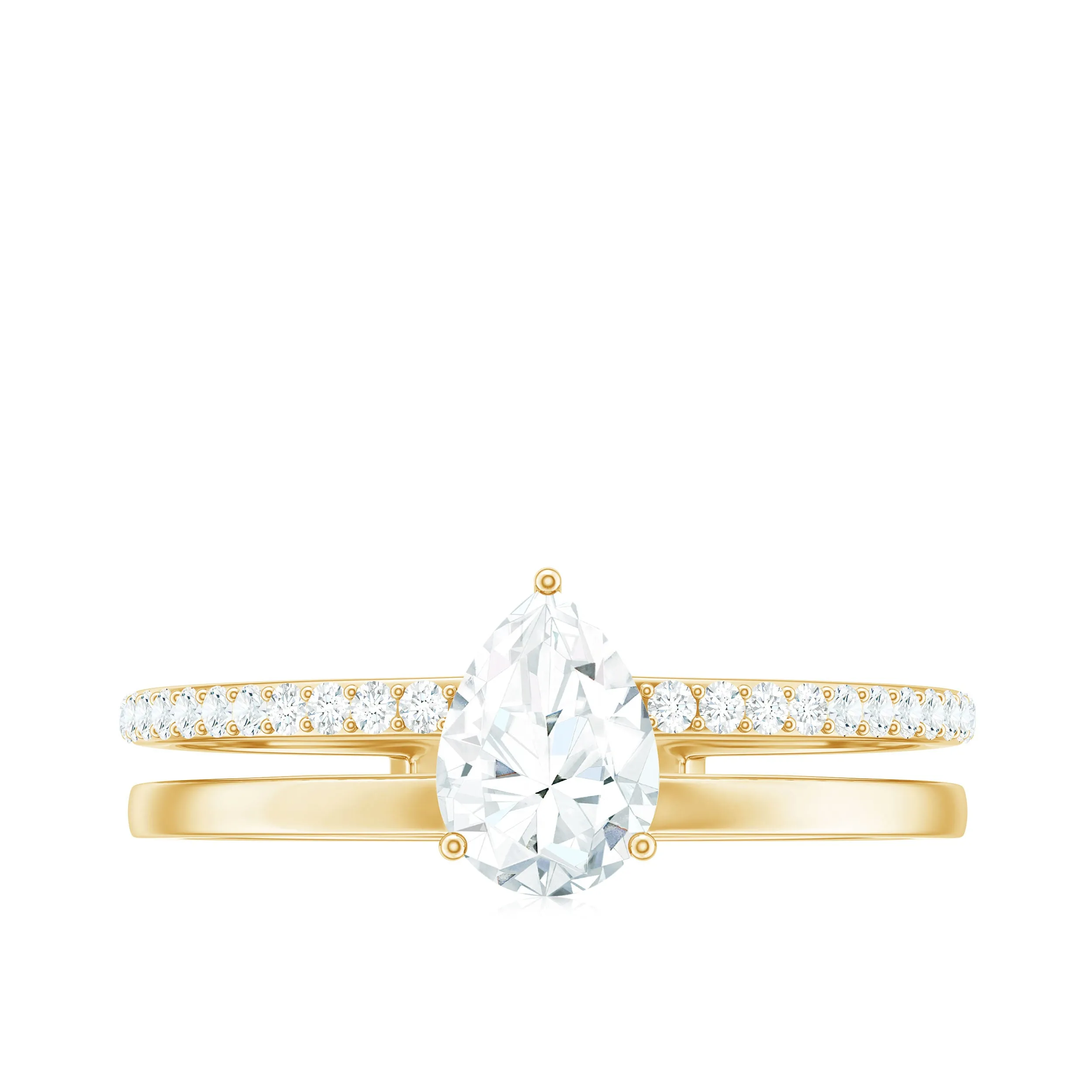 Simple Pear Shape Lab Grown Solitaire Engagement Double Band Ring