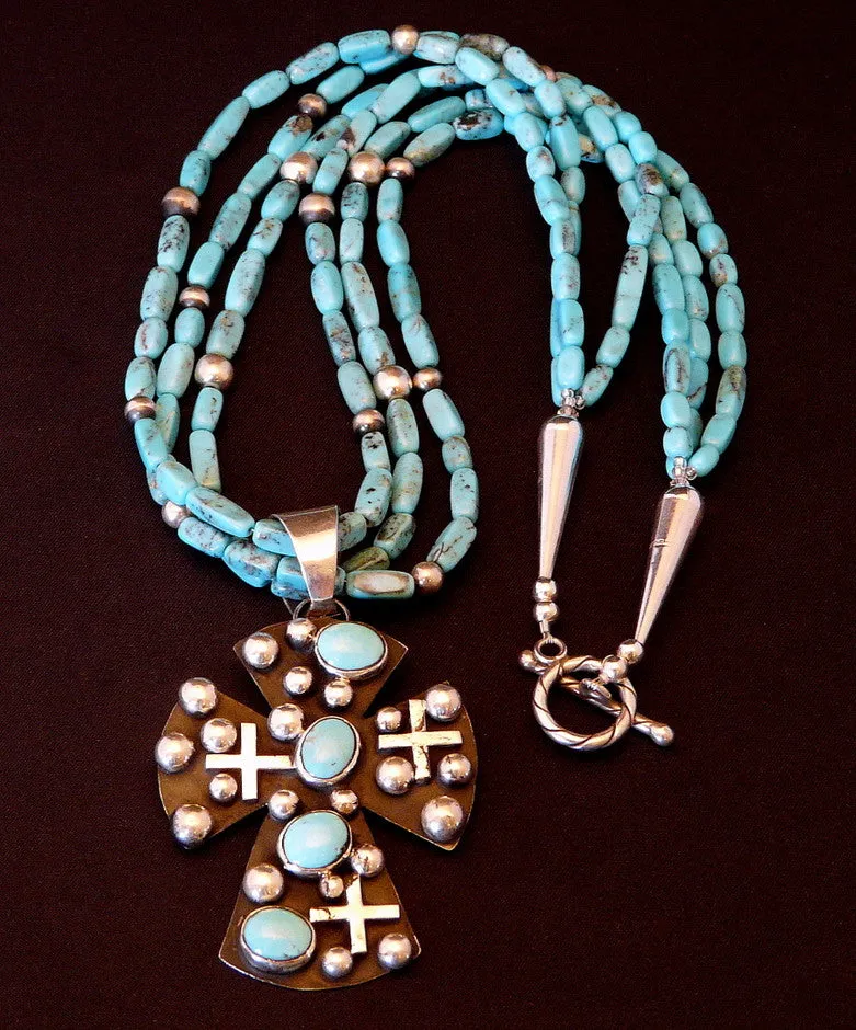 Sleeping Beauty Turquoise & Sterling Silver Cross  Pendant with 3 Strands of Turquoise Rectangles & Sterling