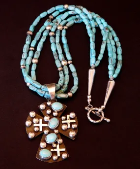 Sleeping Beauty Turquoise & Sterling Silver Cross  Pendant with 3 Strands of Turquoise Rectangles & Sterling