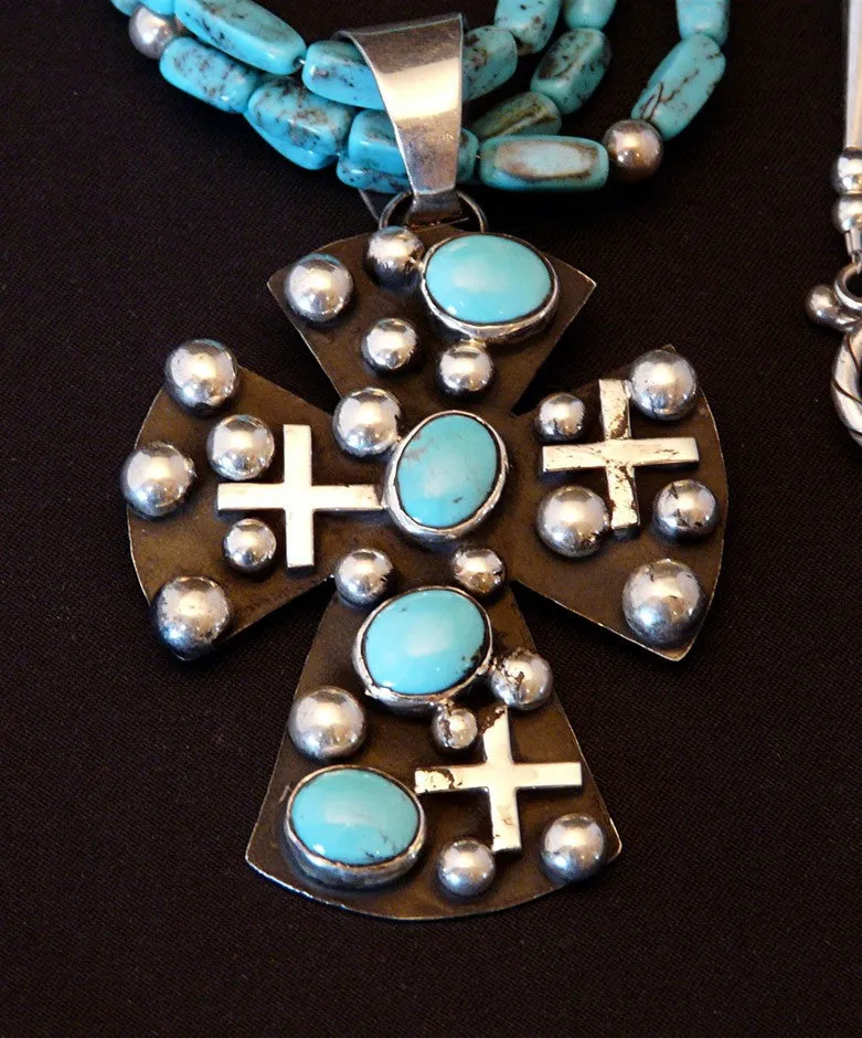 Sleeping Beauty Turquoise & Sterling Silver Cross  Pendant with 3 Strands of Turquoise Rectangles & Sterling