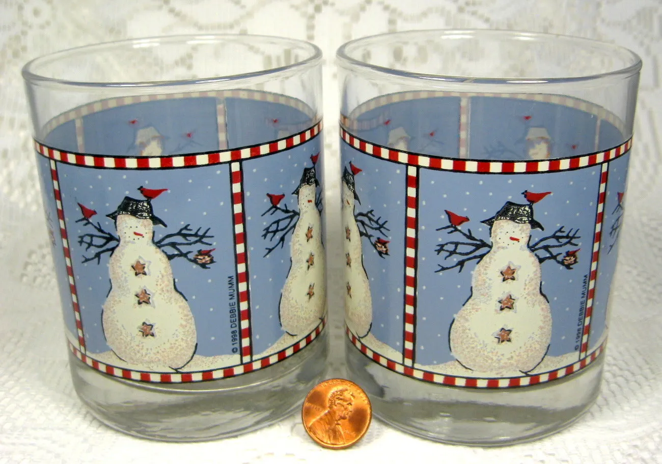 Snowman Glasses Two Debbie Mumm Anchor Hocking Double Old Fashioned 1998 Pair