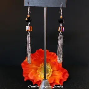 Swarovski Crystal Topaz, Cube, and Silver Chain Dangle Earrings