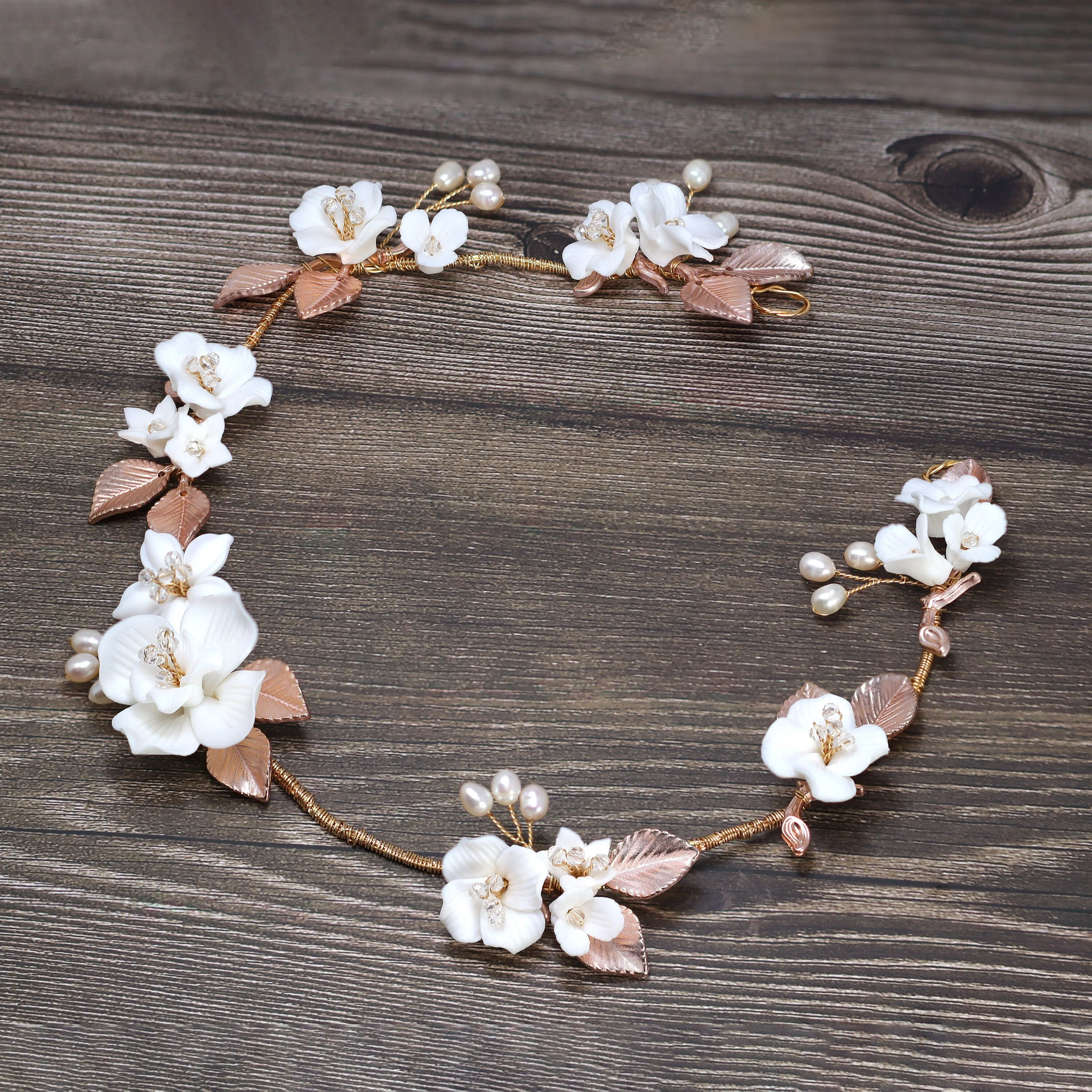 Swarovski Crystals Natural Pearls White Rose Floral Vine Leaves Wedding Headband, Bridal Rhinestone Head Vine, Statement hair accessories.