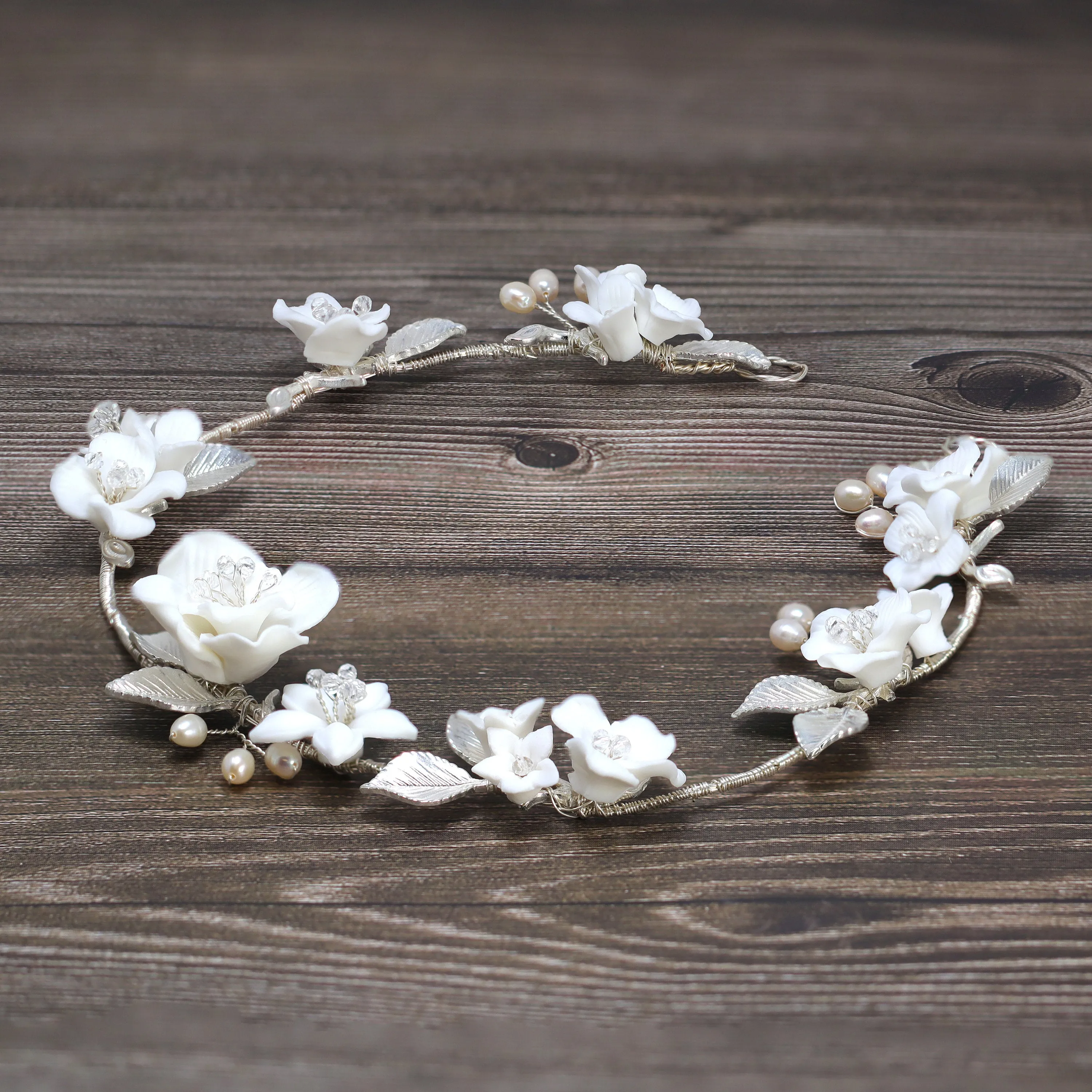 Swarovski Crystals Natural Pearls White Rose Floral Vine Leaves Wedding Headband, Bridal Rhinestone Head Vine, Statement hair accessories.