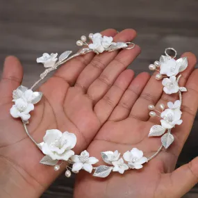 Swarovski Crystals Natural Pearls White Rose Floral Vine Leaves Wedding Headband, Bridal Rhinestone Head Vine, Statement hair accessories.