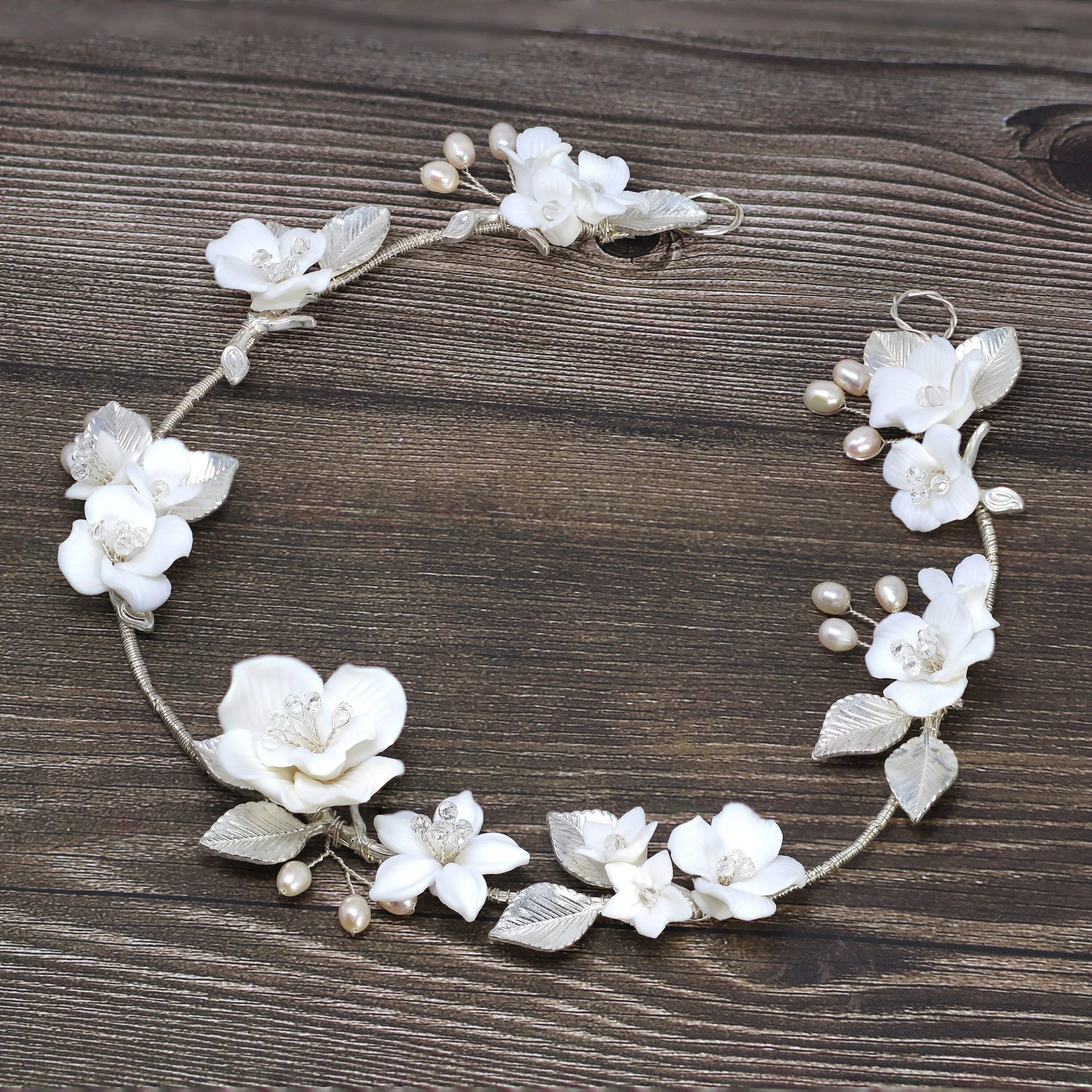 Swarovski Crystals Natural Pearls White Rose Floral Vine Leaves Wedding Headband, Bridal Rhinestone Head Vine, Statement hair accessories.