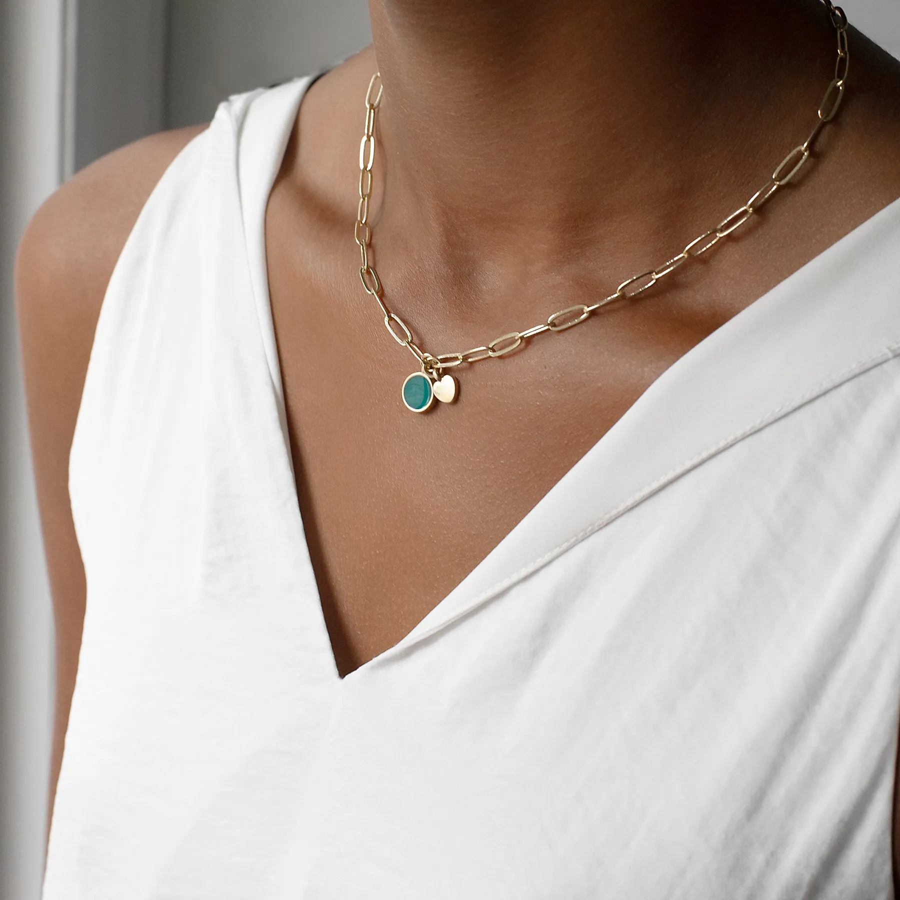 teal enamel disc link necklace