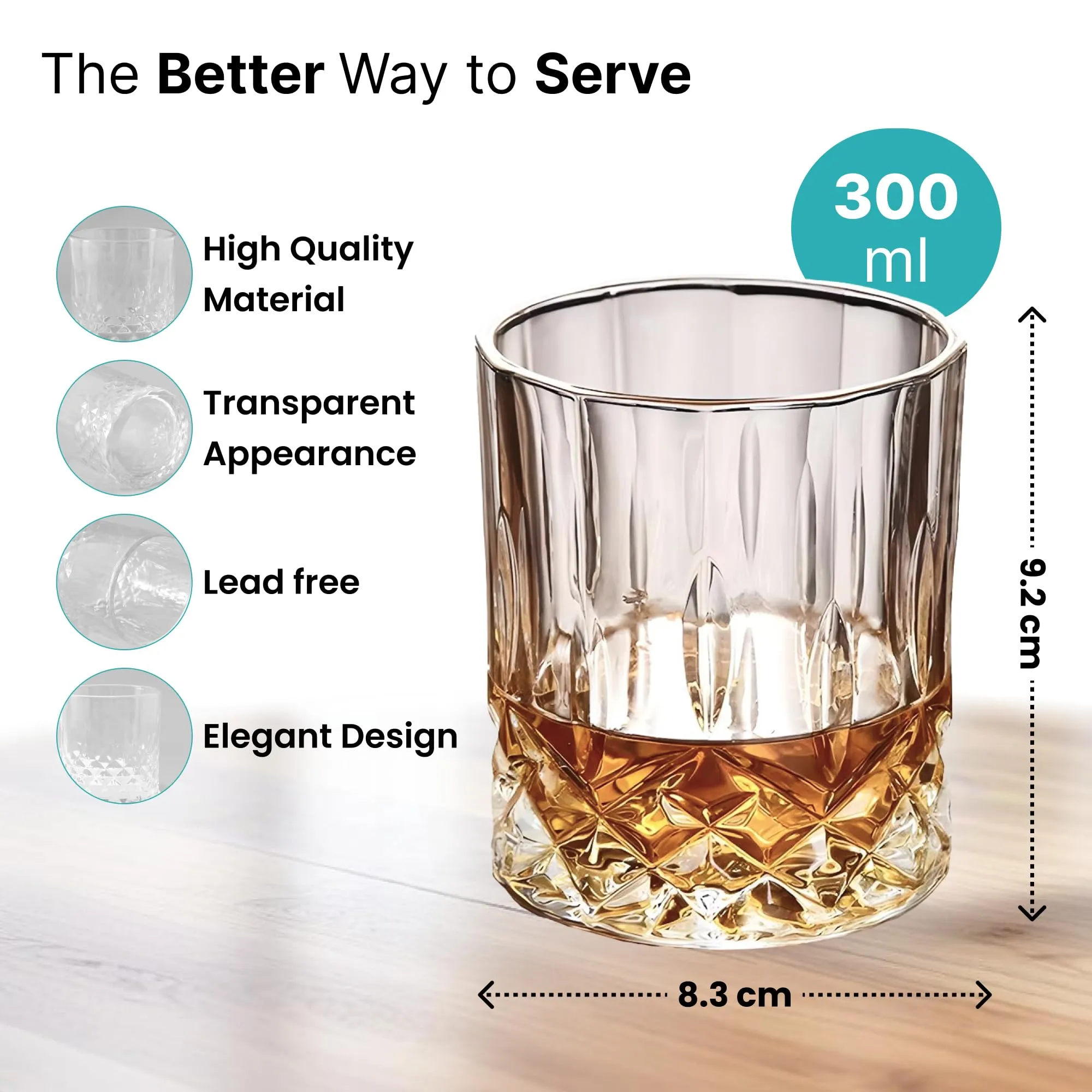 The Better Home Zest Whiskey Glasses Set of 6 (300ml Each) | Lead Free Whiskey Glass | Crystal Glass for Bar Home | Glass for Drinks | Cocktail Glasses | Highball Glass | Heavy Bottom Drinking Glass